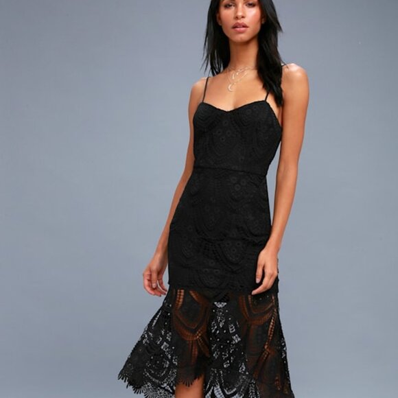Lulus Pure Passion Black Lace Bodycon Midi Dress - Size X-Small - Picture 1 of 1